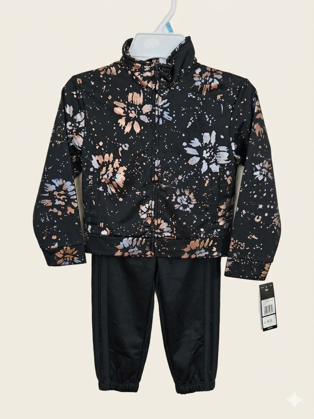 Adidas Black & Silver Floral Zip Jacket & Joggers Set
